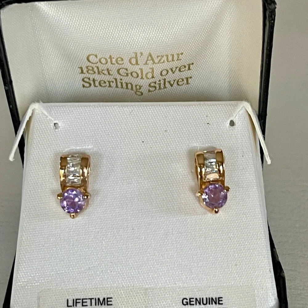 18K Gold Amethyst Earrings over Sterling Silver with Diamond Baguette CZ Stones